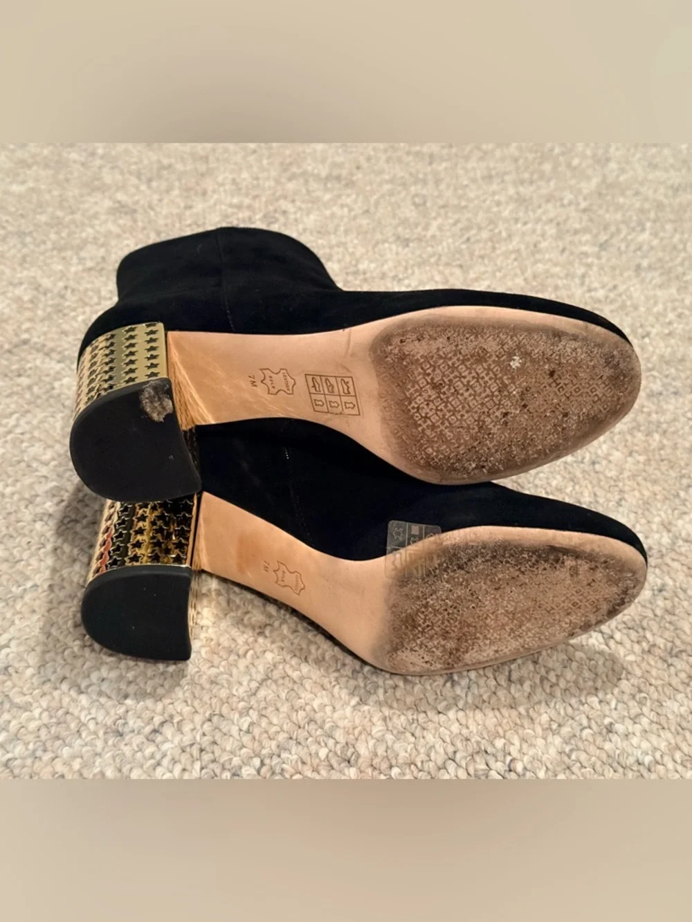 Tory Burch Olympia 70mm Kid Suede Bootie Black Size 7 Gold star heel
